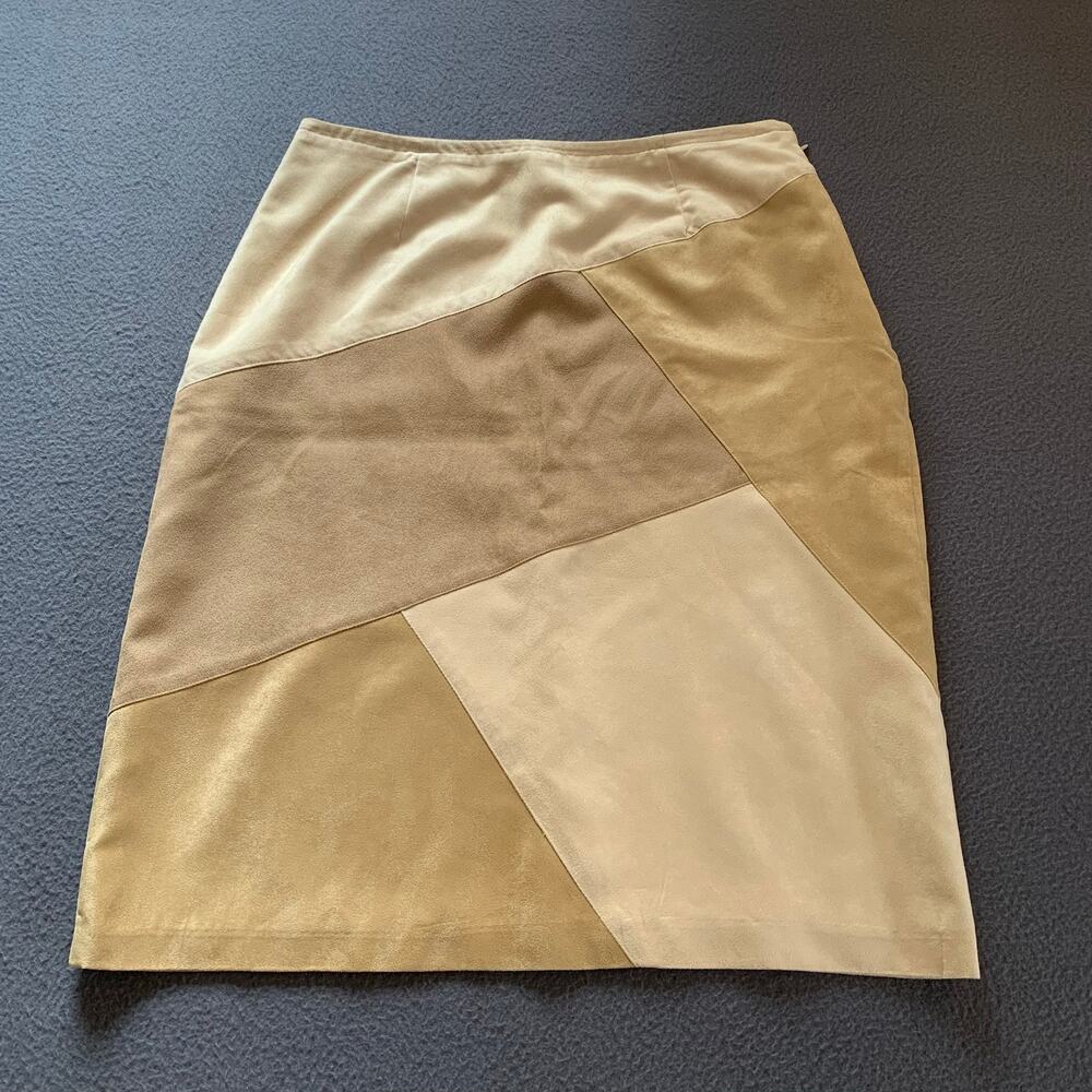Vintage Liz Claiborne Colorblock Faux Suede Skirt Beige Tan Knee Length Size 10